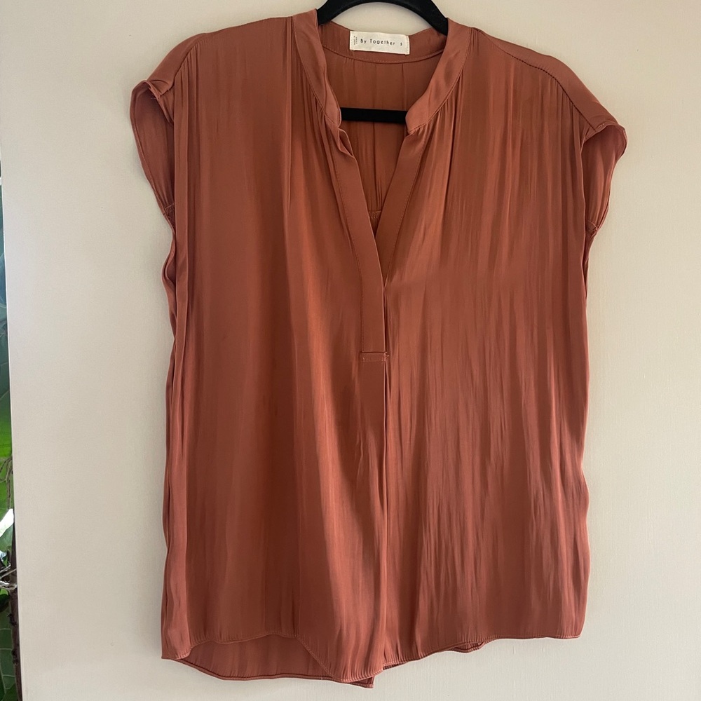 By Together Rust Mandarin Collar Cap Sleeve Blouse Boho Workwear S